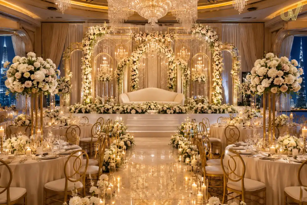 Elegant wedding venue with luxurious décor, floral arrangements, ambient lighting, and beautifully styled seating