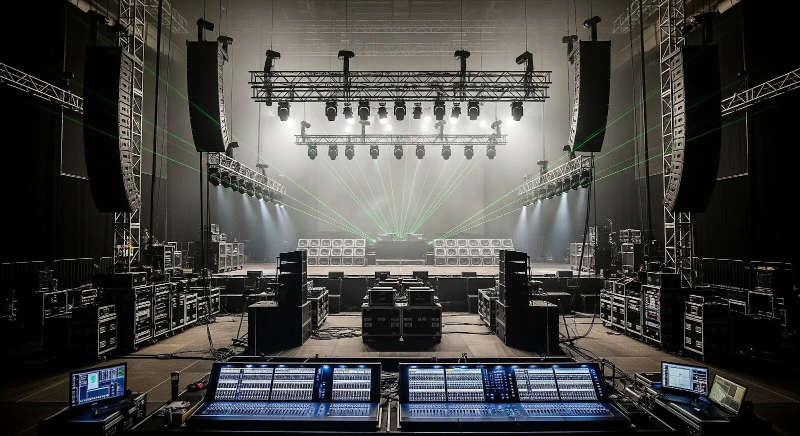 Professional event stage with LED screens, stage lighting, sound system, and branded backdrop